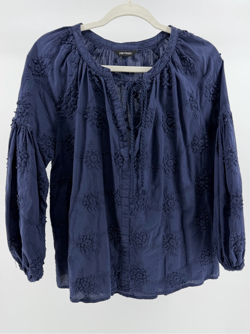 DRIFTWOOD Navy Blue 100% Cotton Embroidered Boho Peasant Top, Women's Medium